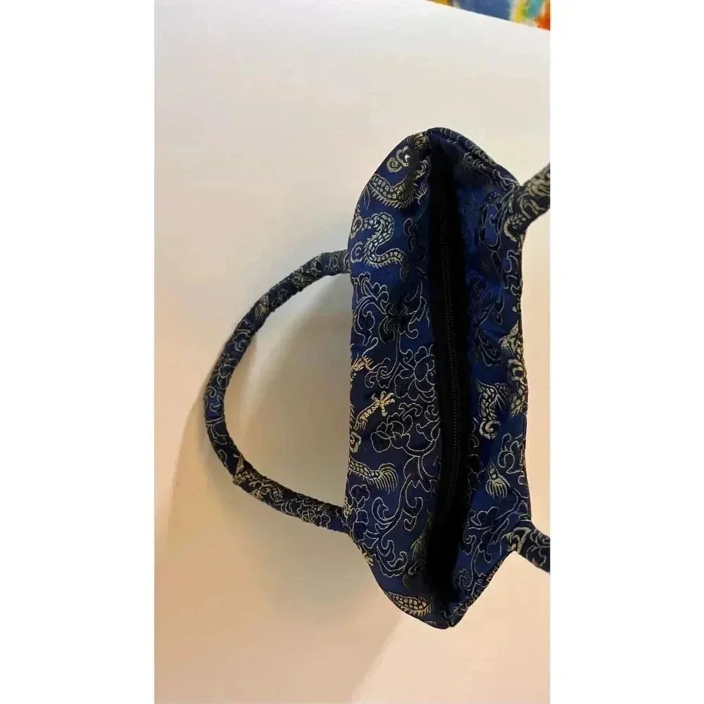 Vintage Unbranded Small Asian Inspired‎ Dragon Fabric Shoulder Bag Purse Blue